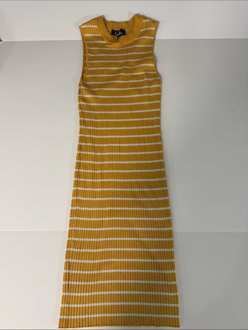Lulu's Striped Mustard Yellow & White Ribbed Midi Dress